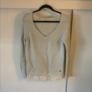 Women's Blue Knit Sweater with Lace Hem